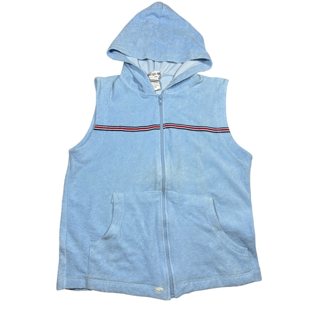 Beaux Art Vintage Terry Cloth Sleeveless Zip Up Hoodie Blue Striped Small NWT